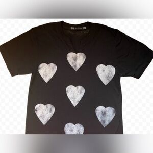 John Eshaya Black T-Shirt wSplit V On Crew Neck - 7 White Heart Print Size S/P